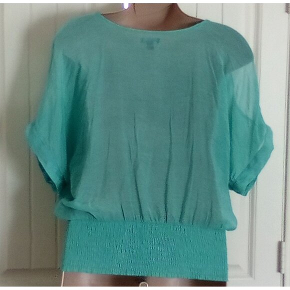 Womens Sheer Teal Cold Shoulder Blouse By Rouge Collection 3X Elastic Waistband - Picture 5 of 7